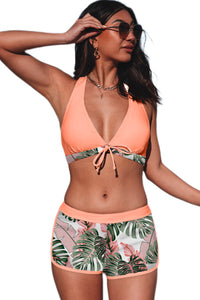 Orange Tropical Leaf Print Tie Bikini and Boardshorts