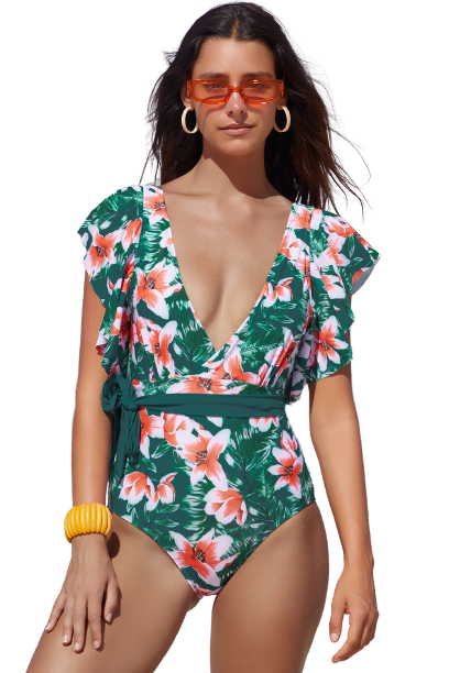Deep V Neck Floral Print Ruffles One Piece Swimwear