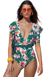 Deep V Neck Floral Print Ruffles One Piece Swimwear
