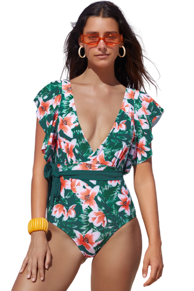 Deep V Neck Floral Print Ruffles One Piece Swimwear