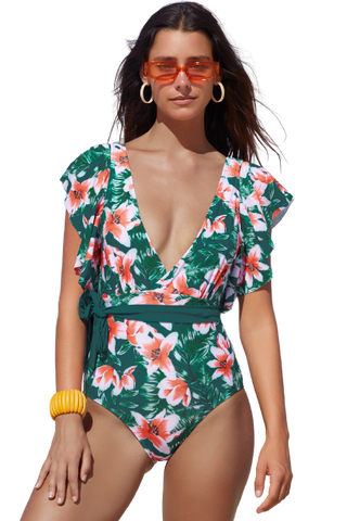Deep V Neck Floral Print Ruffles One Piece Swimwear