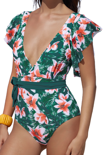 Deep V Neck Floral Print Ruffles One Piece Swimwear