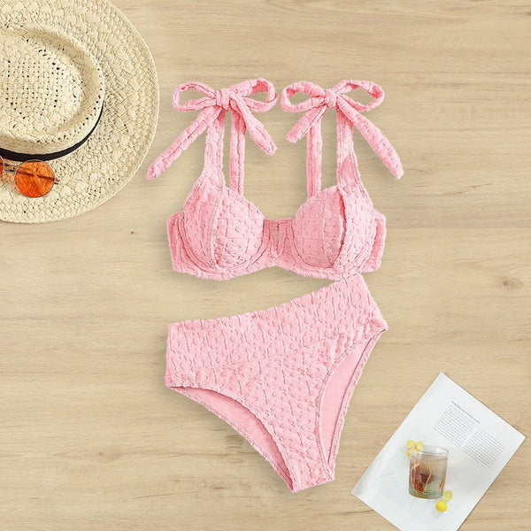 Solid Shoulder Knot Two Piece High Waist Swimsuit Light Pink