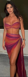 Sunset Shade Braided Bikini Top & Slit Cover Up Skirt Stylish Two Piece Set Without Pads Orange