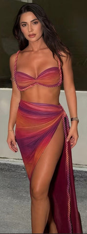 Sunset Shade Braided Bikini Top & Slit Cover Up Skirt Stylish Two Piece Set Without Pads Orange