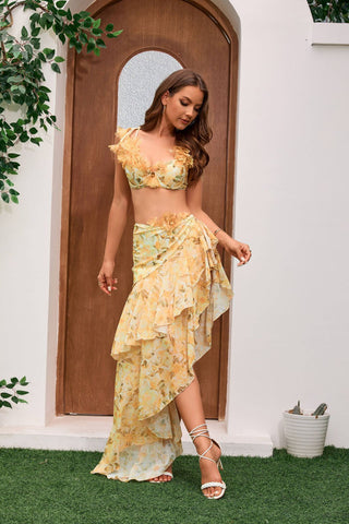 Yellow Tropical Bikini Set Beach Skirt 