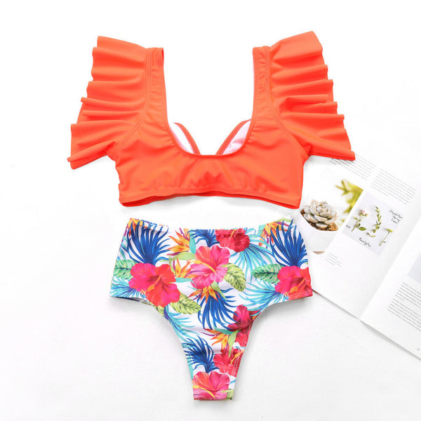 Hot Ruffled Flora Printing Two Pieces Bikini Swimwear Orange