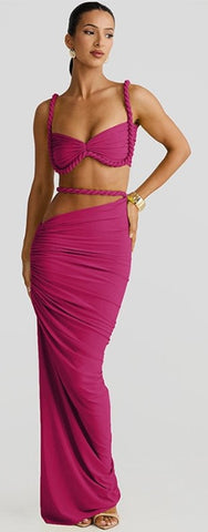Solid Bikini & Wrap Skirt Set Stylish Two Piece shoulder strap Without Pads Pink