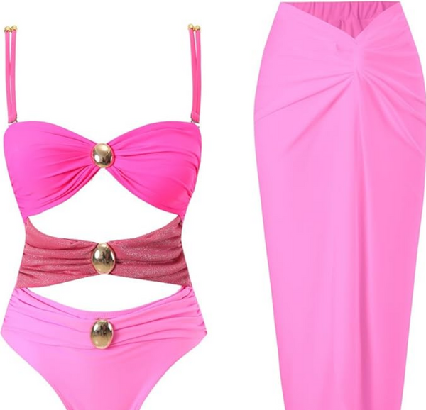 One Piece Swimsuit with Beach Cover up Wrap Skirt Light Pink