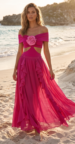 Pink Solid Off Shoulder One Piece Swimsuit With Beach Skirt