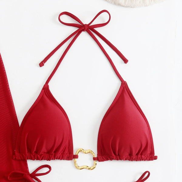 Solid Beachwear Set Bikini with Long Sleeve Cover-Up & Mini Skirt Red