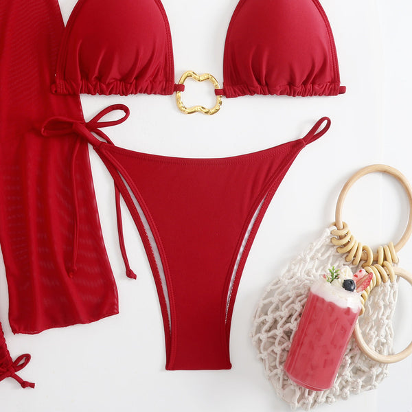 Solid Beachwear Set Bikini with Long Sleeve Cover-Up & Mini Skirt Red