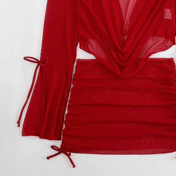 Solid Beachwear Set Bikini with Long Sleeve Cover-Up & Mini Skirt Red