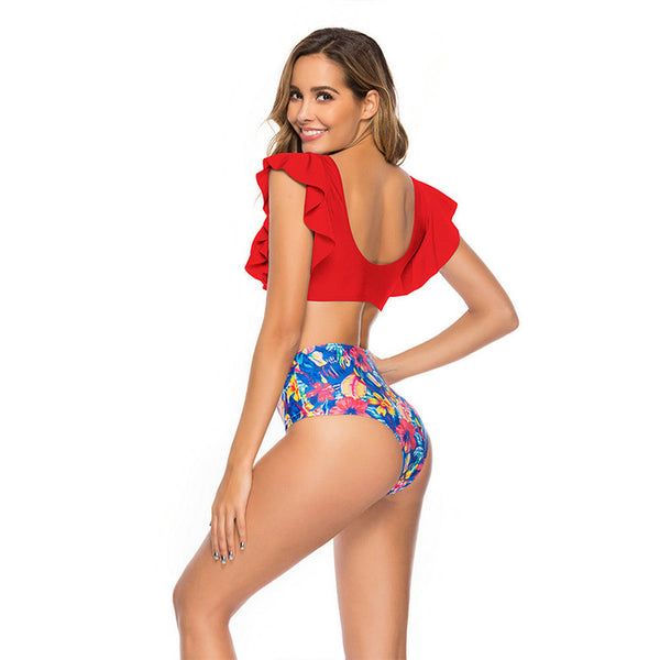 Hot Ruffled Flora Printing Two Pieces Bikini Swimwear Red