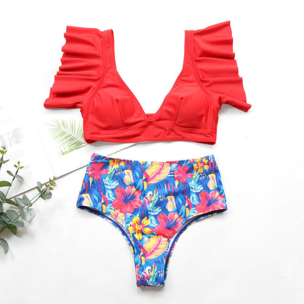 Hot Ruffled Flora Printing Two Pieces Bikini Swimwear Red