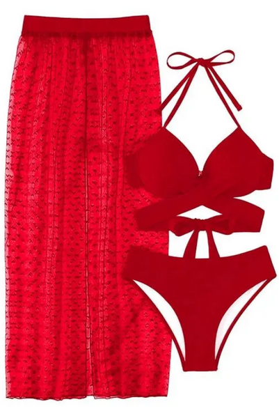 Wrap Cross Tie Back Push Up Bikini Set With Beach Skirt Red