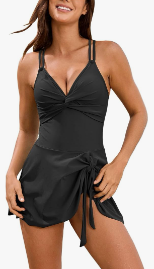 Black Solid Shoulder One Piece Swimsuit