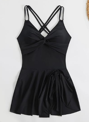 Black Solid Shoulder One Piece Swimsuit
