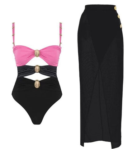 One Piece Swimsuit with Beach Cover up Wrap Skirt Pink 