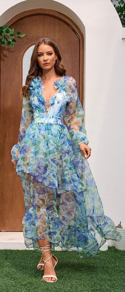 Sky Blue Flora  Deep V One-Piece Swimsuit