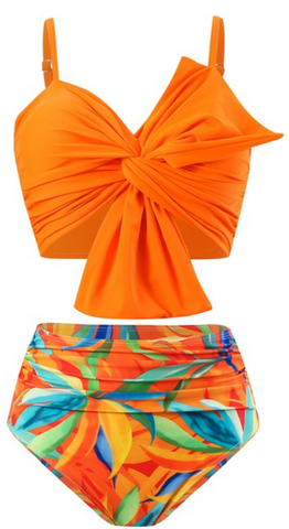 Front Knot Ruched Bikini Set Orange