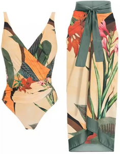 Printed Swimsuit & Beach Cover Up Sarong Set Green