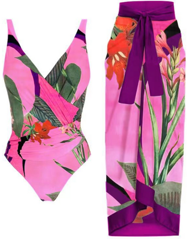 Printed Swimsuit & Beach Cover Up Sarong Set Dark Pink