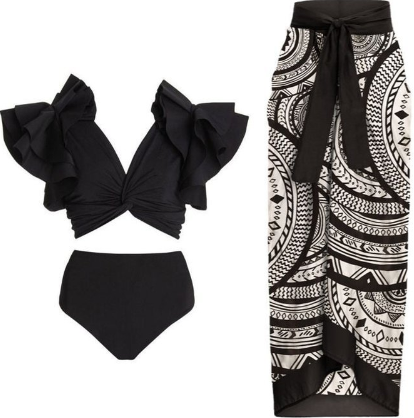 Black Flax Ruffle Bikini With Sarong Set