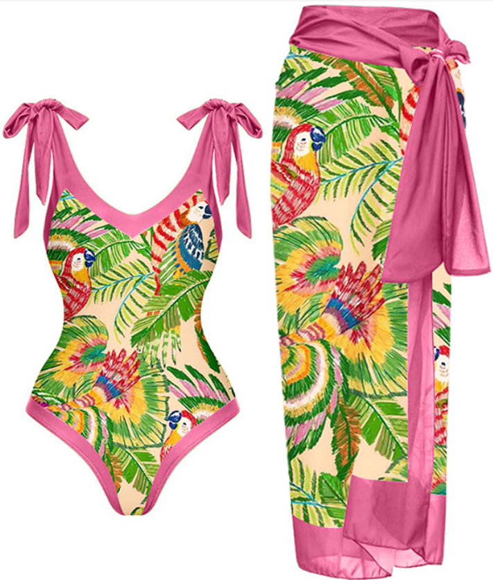 Pink Parrot Printed Swimwear Two Piece Set