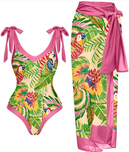 Pink Parrot Printed Swimwear Two Piece Set