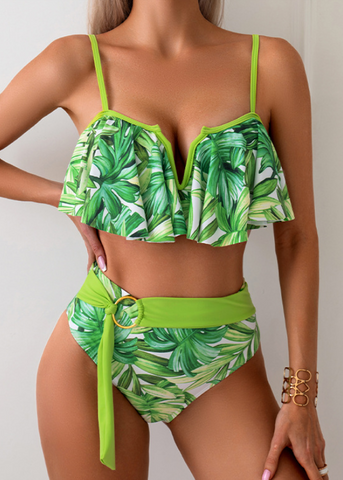 Spaghetti Strap Notched Bikini Two Piece Set Green