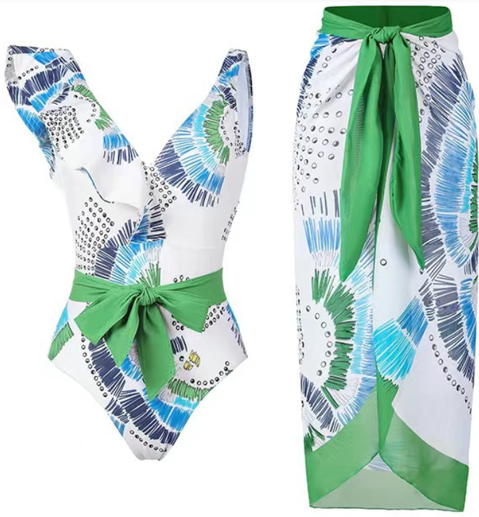 Green Bathing Suit with Bikini Maxi Wrap Skirts 2 Piece Swimsuit