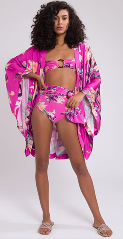 Pink Tropical Halter Bikini Set With Kimono Coverup