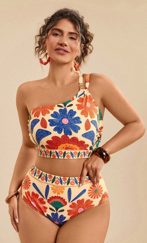 Multicolor Floral One-Shoulder Bikini Set