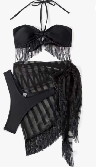 Black Solid Halter Bikini Set With Beach Skirt