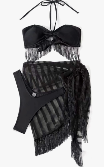 Black Solid Halter Bikini Set With Beach Skirt