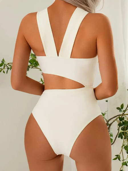 White Soild Halter One-Piece Swimsuit