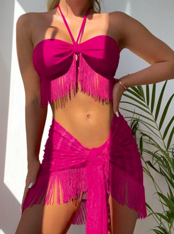 Pink Solid Halter Bikini Set With Beach Skirt