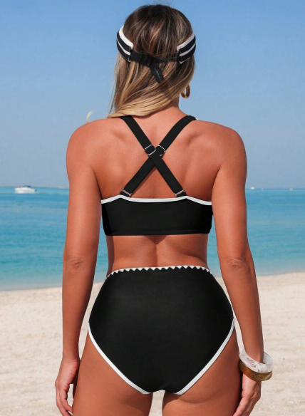 Black Solid Tie Front Bikini Set