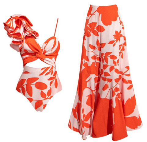 Tropical Print Shoulder Straps One Piece Swimsuit With Cover Up Orange