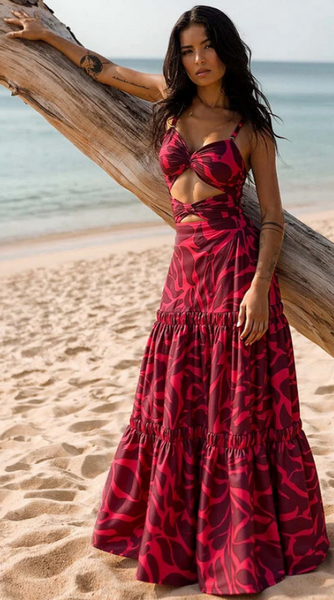 Maroon Abstract One Piece Swimsuit Beach Skirt