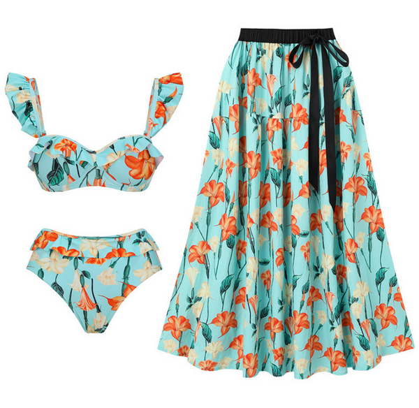 Sky Blue Bikini Set With Beach Skirt