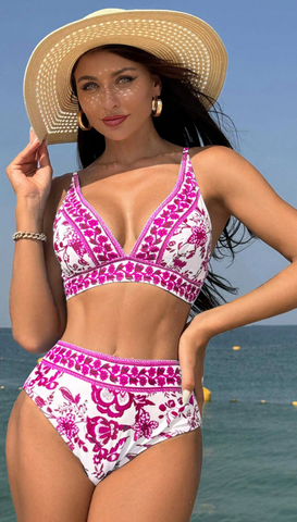 Floral Bikini Set High Waist Two Piece Beachwear with Deep V Neck Pink