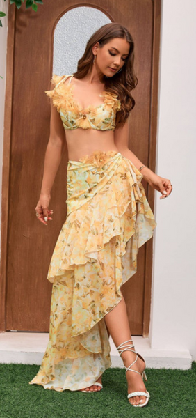 Yellow Tropical Bikini Set With Sarong