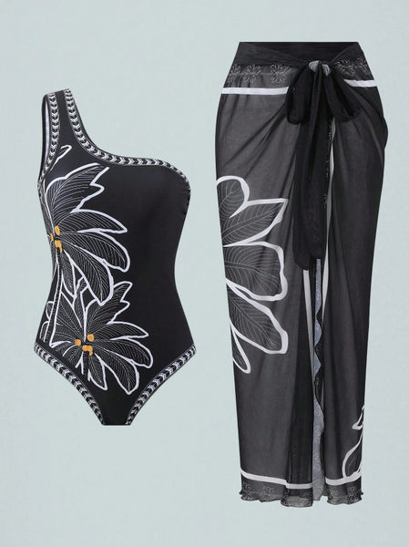 Black Floral One Shoulder One Piece Swimsuit With Sarong