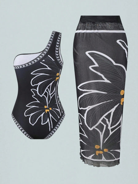 Black Floral One Shoulder One Piece Swimsuit With Sarong
