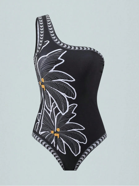 Black Floral One Shoulder One Piece Swimsuit With Sarong