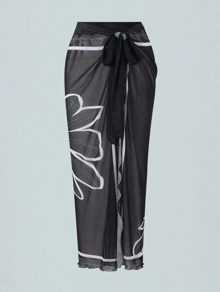 Black Floral One Shoulder One Piece Swimsuit With Sarong