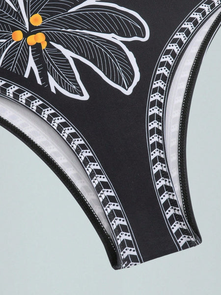 Black Floral One Shoulder One Piece Swimsuit With Sarong