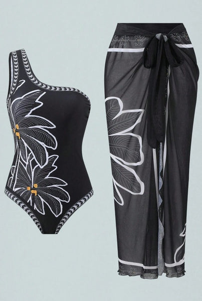 Black Floral One Shoulder One Piece Swimsuit With Sarong